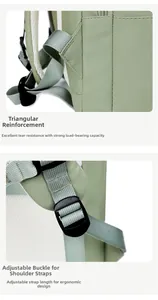 Detail of triangular reinforced stitching and adjustable strap buckle on green travel backpack