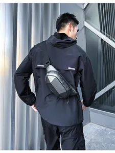 Detail of hard shell chest bag with carbon fiber texture and geometric design on back