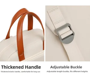 Detail of padded handles and adjustable straps for women's travel laptop backpack