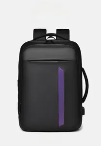 Front view of waterproof business laptop backpack with USB port and purple accent strip