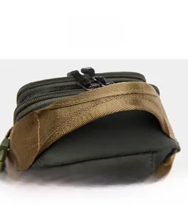 Detail of military green tactical bag with thick khaki handle and durable metal zippers