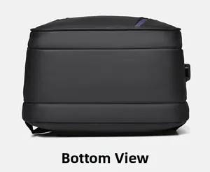 Detailed bottom view of black business laptop backpack showing reinforced stitching and wide base