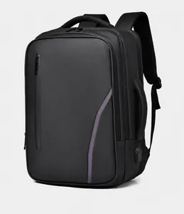 Detail view of business backpack with USB port and waterproof matte black fabric