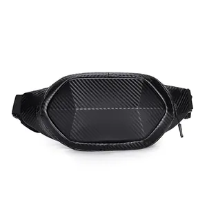 Men's black hardshell chest bag with carbon fiber texture for outdoor sports and travel
