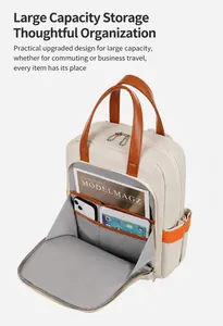Macro view of cream canvas backpack interior with tablet and smartphone storage pockets