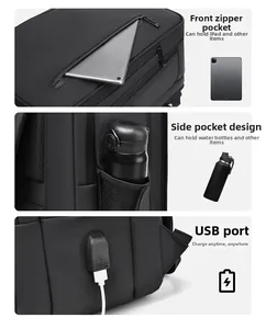 Macro detail of front zipper pocket, side pouch, and USB port on black business backpack