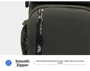 Macro detail of military green bag with durable zipper and professional nylon webbing