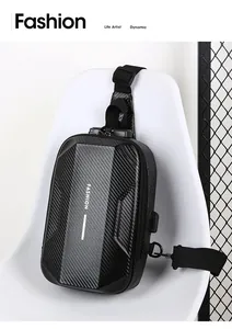 Detail of hard shell chest bag featuring carbon fiber texture and a secure TSA combination lock