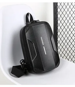 Detail view of carbon fiber texture and anti-theft combination lock on black chest bag