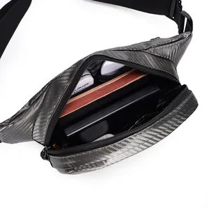 Tactical hard shell crossbody bag with carbon fiber texture and adjustable nylon strap