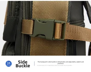 Close-up of durable green plastic buckle and adjustable nylon strap on men's chest bag