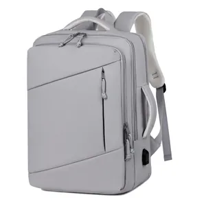 Expandable business travel backpack in light grey with USB port and multiple pockets