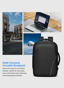 Detail of black business laptop backpack showing side USB port and durable handle