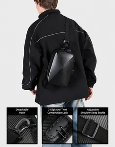 Detail of men's sling bag featuring a carbon fiber texture and secure code lock
