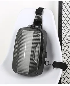 Detail view of carbon fiber chest bag with security code lock and USB charging port