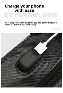 Detail of chest bag with external USB charging port and black carbon fiber texture