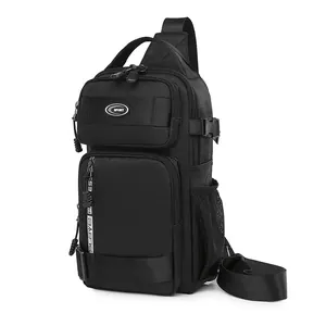Water-resistant black oxford chest bag for men with multi-pocket and sport detail
