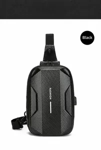 Detail of waterproof hard shell chest bag with carbon fiber texture and USB charging port