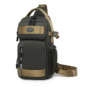 Tactical green chest bag for men featuring multiple zipper pockets and side mesh pouch