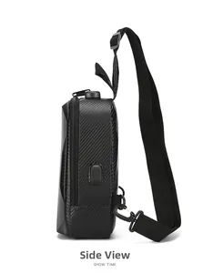 Detailed side view of black carbon fiber sling bag with USB port and anti-theft lock