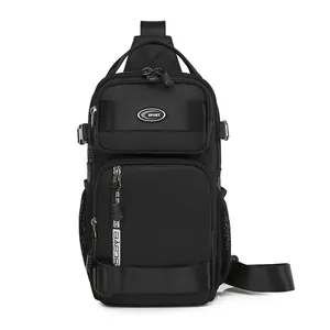 Men's black tactical crossbody chest bag with honeycomb nylon texture and multi-pockets