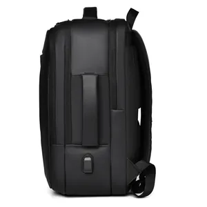 Side view of black business backpack with waterproof fabric and USB charging port
