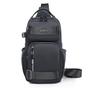 Dark grey waterproof crossbody chest bag with multi-pocket design and sport logo