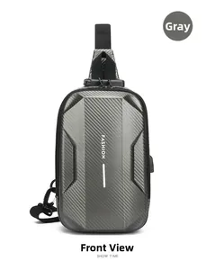 Gray chest bag with carbon fiber texture, anti-theft code lock and external USB port
