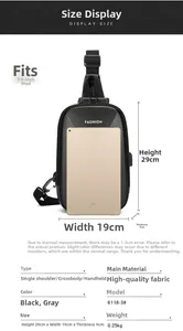 Detailed size chart for the men's anti-theft chest bag with dimensions 29x19x9cm
