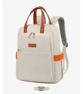 Side view of cream multi-functional backpack with brown leather handle and side pocket