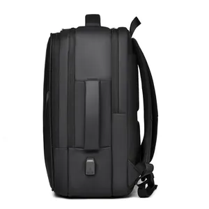 Multifunctional black business laptop backpack with USB charging port and side view design