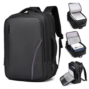 Large business laptop backpack with USB port and multiple compartments in black finish
