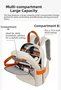 Internal structure of beige laptop backpack showing spacious compartments for 15.6 inch laptop