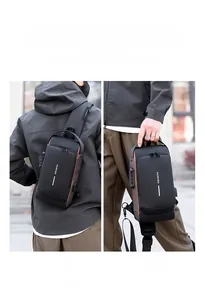 Detail of men's anti-theft chest bag with combination lock and USB charging port