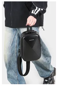 Detail view of carbon fiber texture chest bag featuring a secure three-digit combination lock