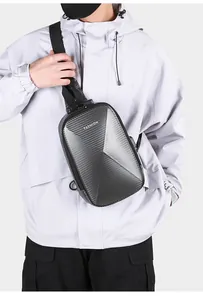 Detail of hardshell chest bag with carbon fiber texture and anti-theft combination lock