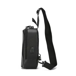 Waterproof crossbody chest bag with carbon fiber texture and integrated USB charging port