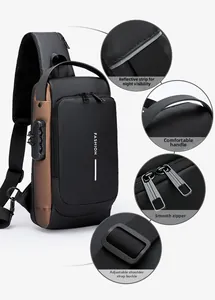 Detail view of anti-theft lock, USB port and waterproof material on black sling bag