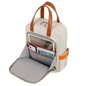 Beige and brown multi-functional laptop backpack with organized interior compartments