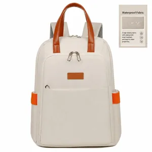 Water-resistant cream fashion backpack with brown leather handles for women and travel