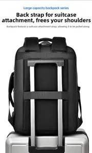 Business laptop backpack with rear luggage strap for secure travel suitcase attachment