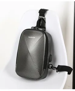 Detail of hard shell chest bag with carbon fiber texture and anti-theft combination lock
