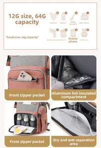 Detail view of large capacity diaper bag with thermal pockets and wet-dry separation