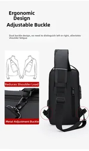 Detail of ergonomic sling bag with adjustable metal buckle and D-ring for shoulder switching
