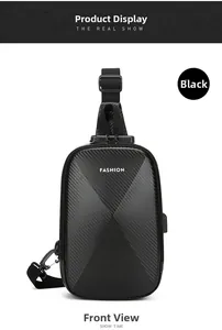 Detail of black chest bag featuring anti-theft combination lock and USB charging port