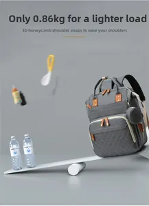 Detailed view of the large grey baby diaper backpack with creative levitating props