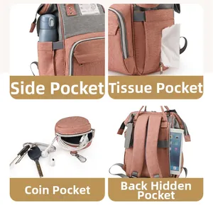 Detail view of pink and grey diaper bag with side bottle pockets and security back pocket