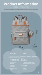 Detail of grey quilted diaper backpack with dimensions and technical specifications