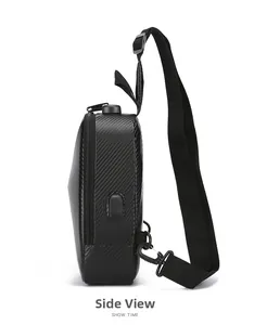Side view of black carbon fiber texture sling bag with integrated USB charging port