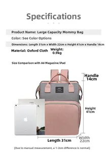 Dimensiones detalladas del bolso cambiador rosa y gris comparadas con iPad y revista A4
